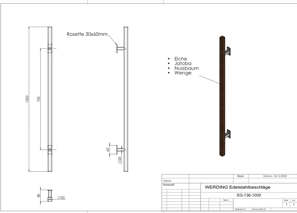 Edelstahl-Türgriff mit Holzeinsatz SG-136